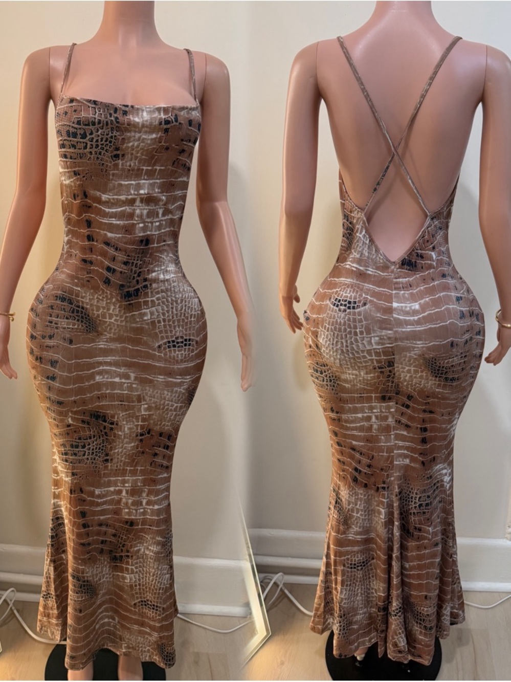 Brown Croc-Print Strappy Maxi Dress
